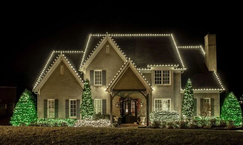 Warm white Christmas roofline lights and illuminated trees around a home